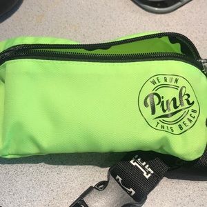 Neon green koozie and beach pouch